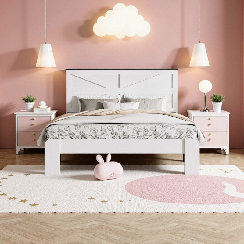 Cadre de lit double moderne blanc avec tête de lit - Aucun sommier nécessaire, style industriel, rangement spacieux sous le lit, assemblage facile