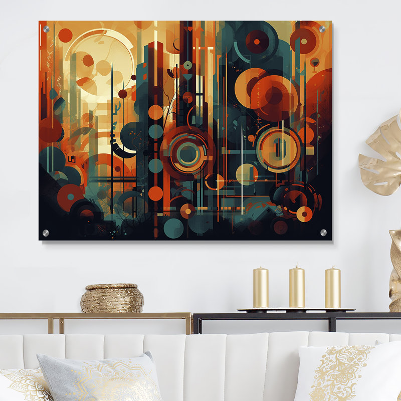 Orange et bleu abstrait nostalgie II - Abstrait art mural Mid-Century, H 16 po x l 32 po