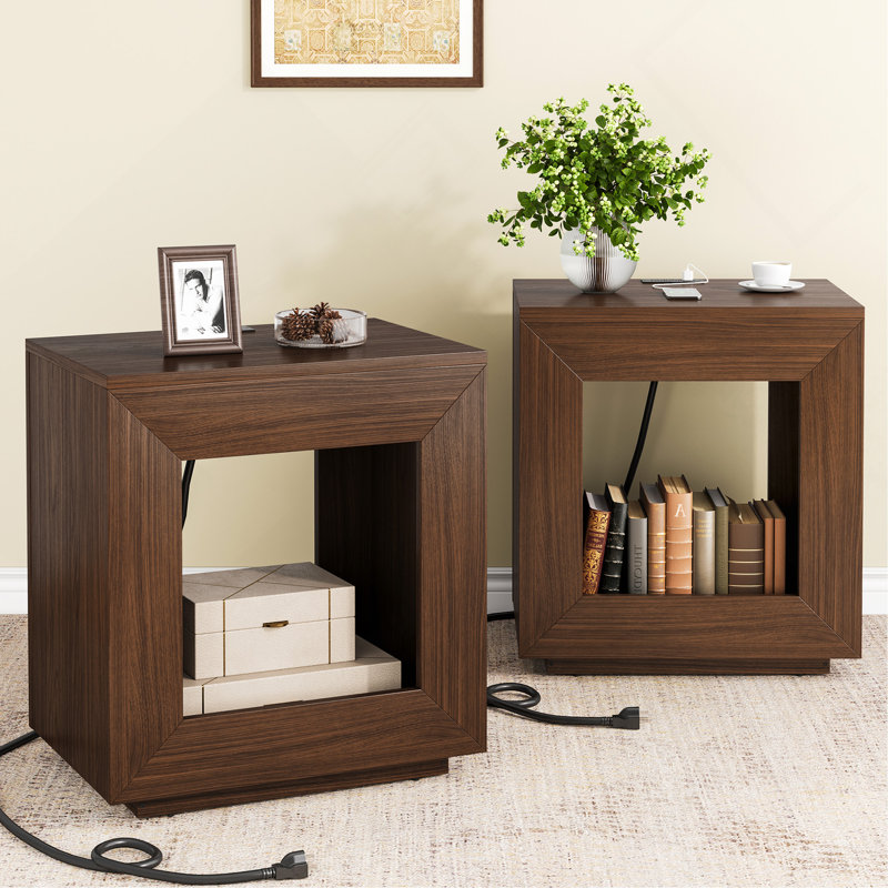 Table de bout en bois rustique, table d'appoint carrée à 2 niveaux avec tablette de rangement, table d'appoint de style industriel