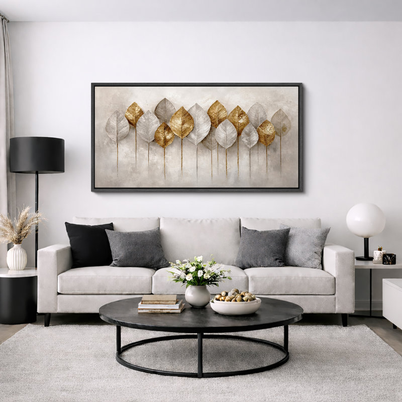 «Neutral Metallic Leaf Arrangement», impression botanique moderne sur toile encadrée, Noir, H 30 po x l 60 po x P 1,5 po