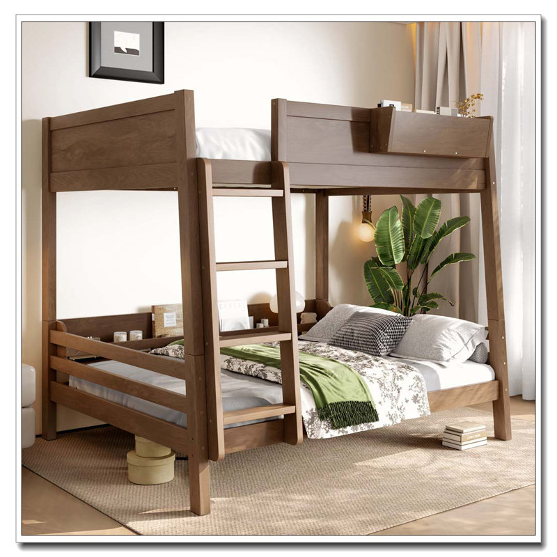 Lit superposé avec tablette de rangement et bibliothèque, lit superposé en bois avec échelle et garde-corps, Lit double, Bois