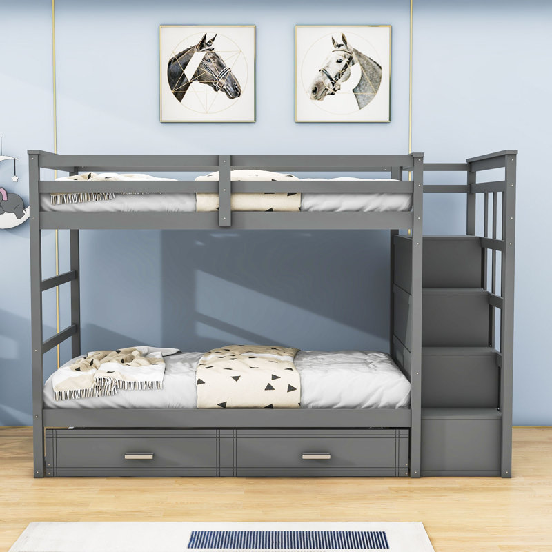 Harriet Bee Heustis Kids Twin Over Twin 4 Drawers Wood Bunk Bed with ...