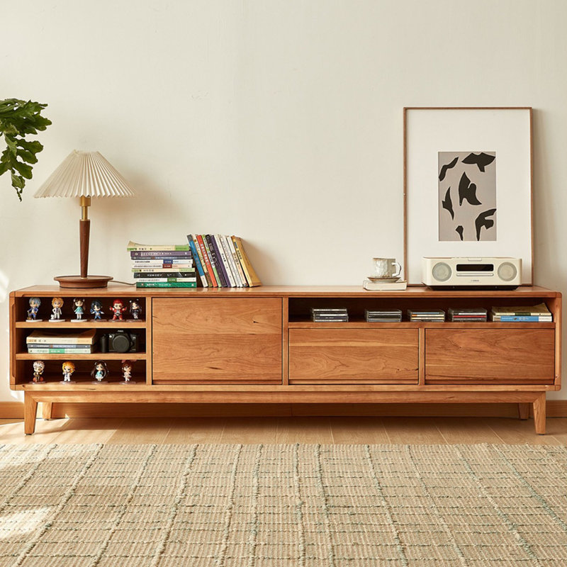 Meuble télé minimaliste en bois avec rangement et tablettes ouvertes, H 20,47 po x L 86,61 po x l 17,72 po