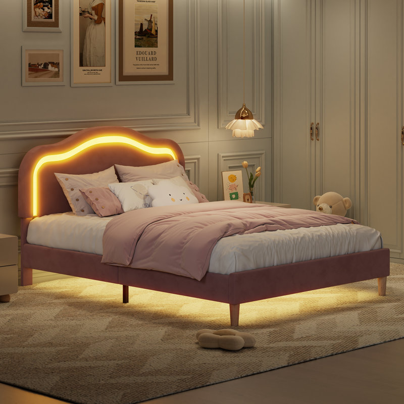 Structure de lit rembourrée en velours à DEL avec tête de lit à hauteur réglable, aucun sommier nécessaire, assemblage facile
