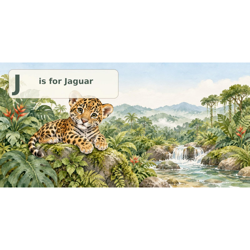 J is for Jaguar Wallpaper Mural, Peel and Stick Kids Room Wall Mural, Watercolor Animal Alphabet Nursery Wallpaper