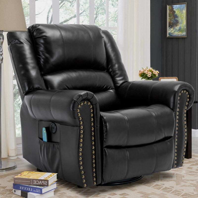 Heated Massage Swivel Rocking Recliner, Black (Leathaire)