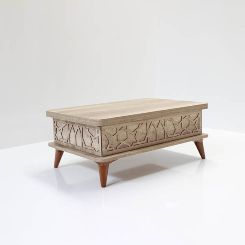 Table basse Mid-Century moderne à plateau relevable avec rangement géométrique / treillis