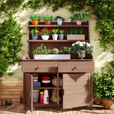 Garden Potting Bench Table With 2 Drawers, 2 Cabinets, And Storage Shelves