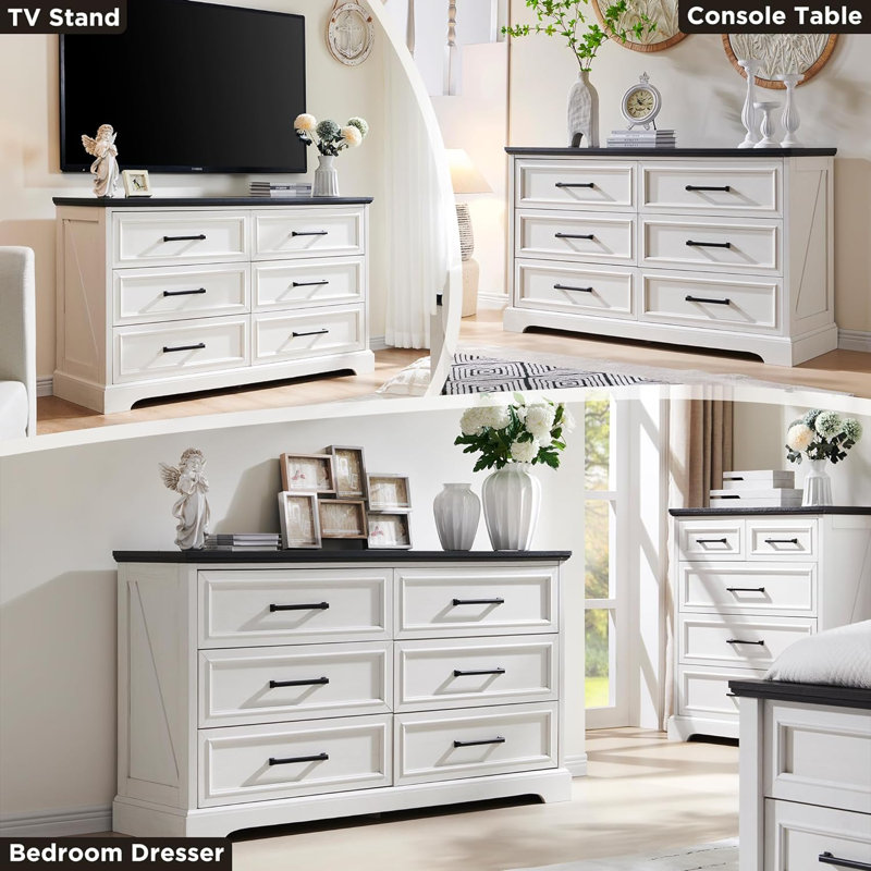 Ursula 52"W Farmhouse 6 Wide Drawer Dresser, Bedroom Chest of Drawers With  Anti-Tip Design, White/Black