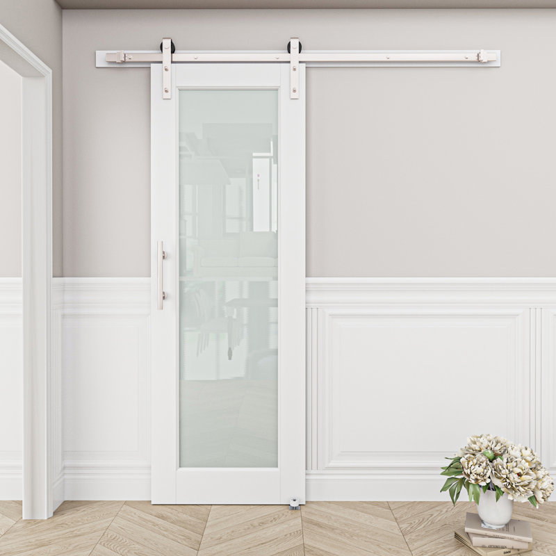 30 in. x 80 in. Primed White MDF Sliding Barn Door with Frosted Glass and Nickel Hardware