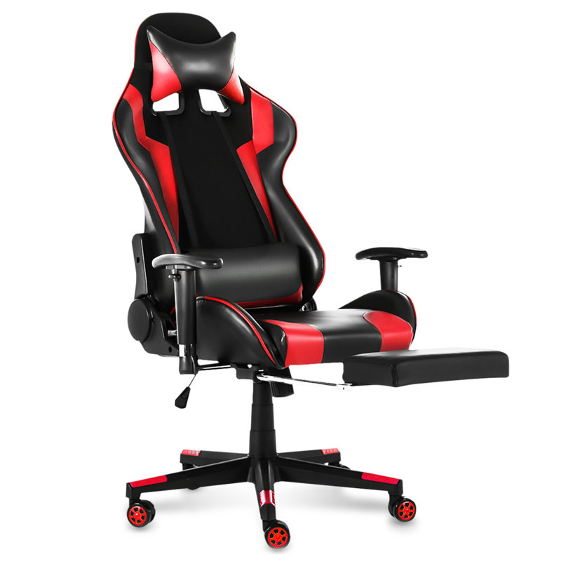 Blue Elephant Adjustable Faux Leather PC & Racing Game Chair with Footrest, Black/Red