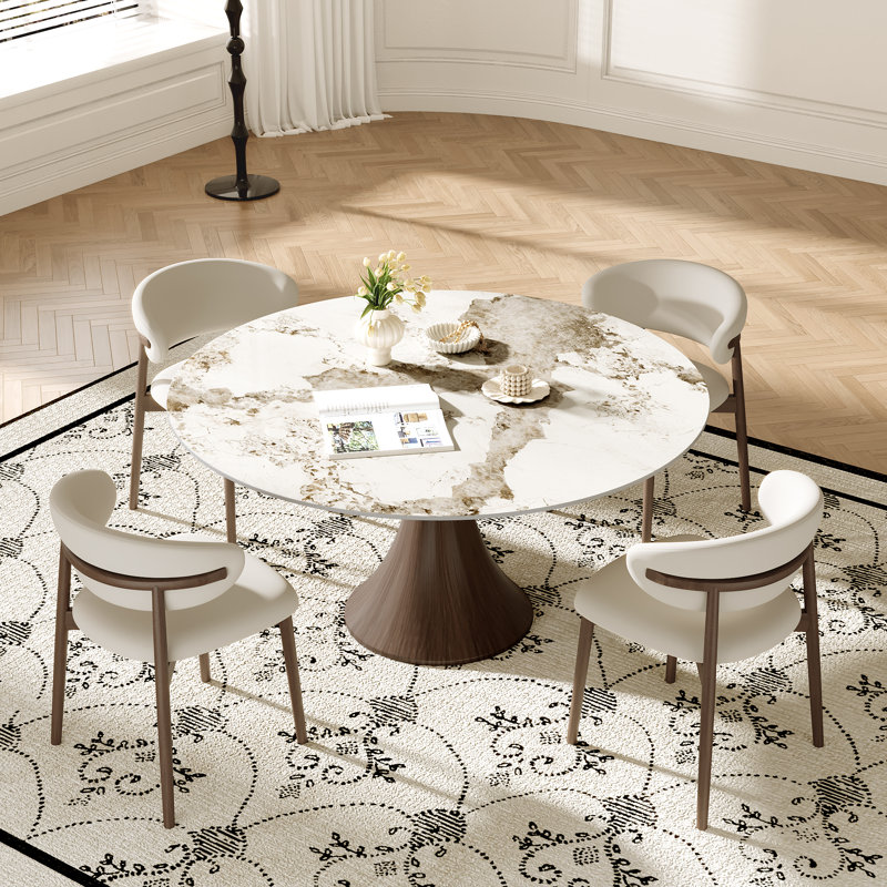 Stone Round Boydton With 4/6 Premium Solid Wood Leather Upholstered Dining Chairs For Kitchen/Dining Room, Sand