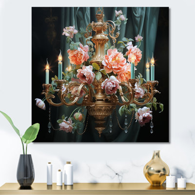 Pink floral Vintage  chandelier II - Chandelier Framed Canvas Print