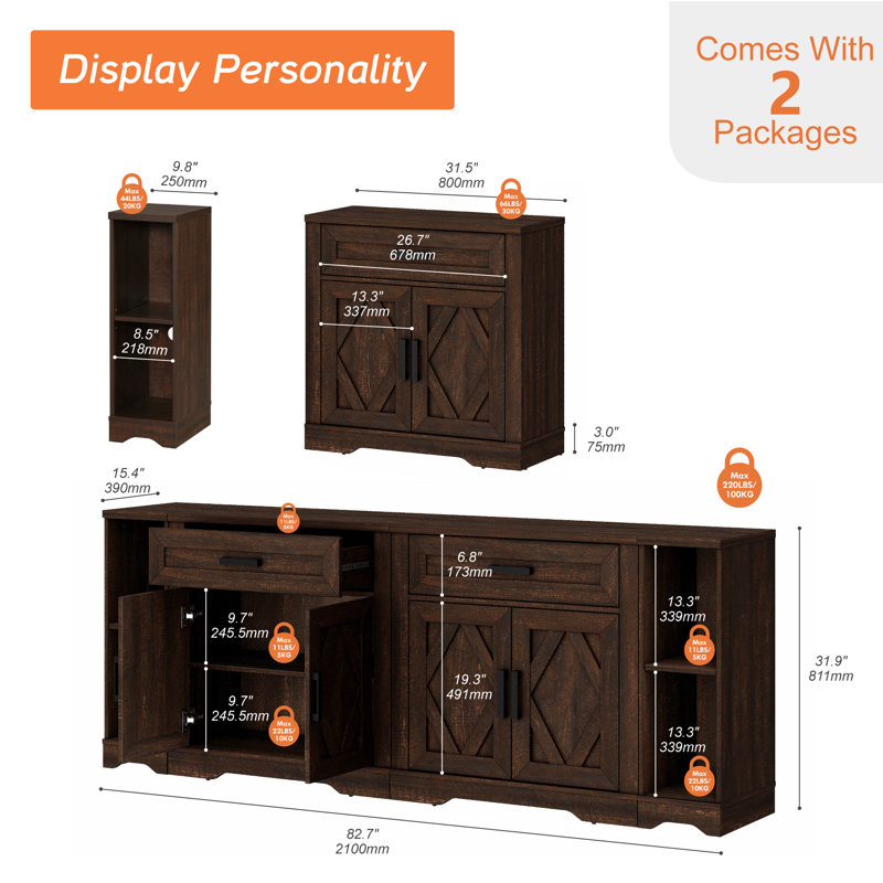 Laziza 82.7" W TV Stand with Barn Doors, Brown