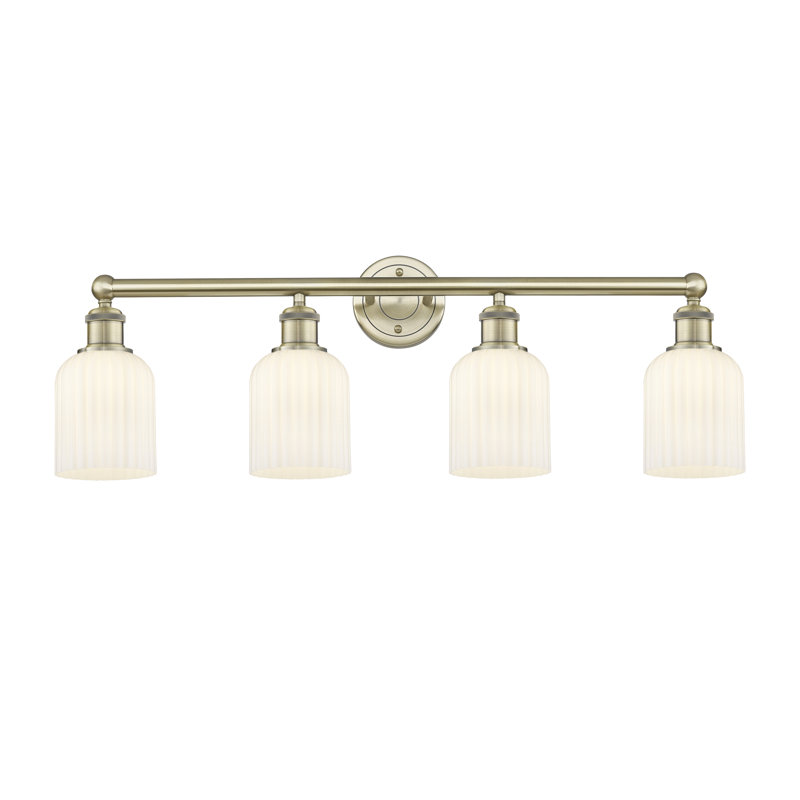 Éclairage pour meuble-lavabo à 4 lumières à intensité variable Fiennes Veil, Laiton antique, Blanc