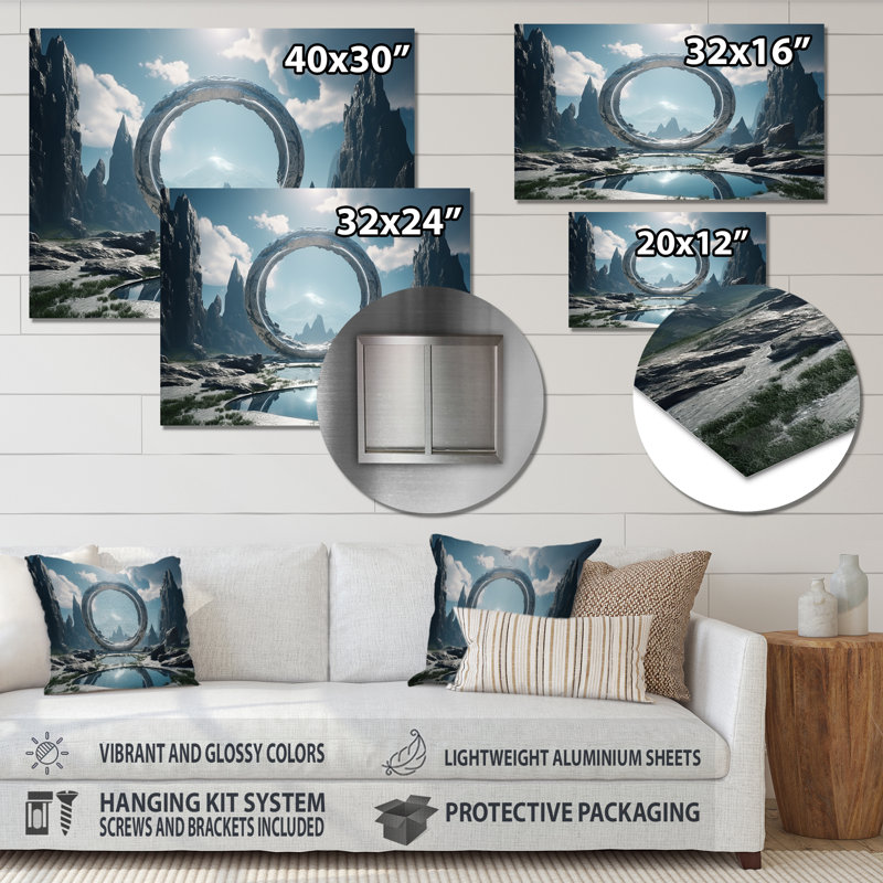 Portail surréaliste galaxie paysage I - surréalisme, art mural en métal, H 12 po x l 20 po x P 1 po