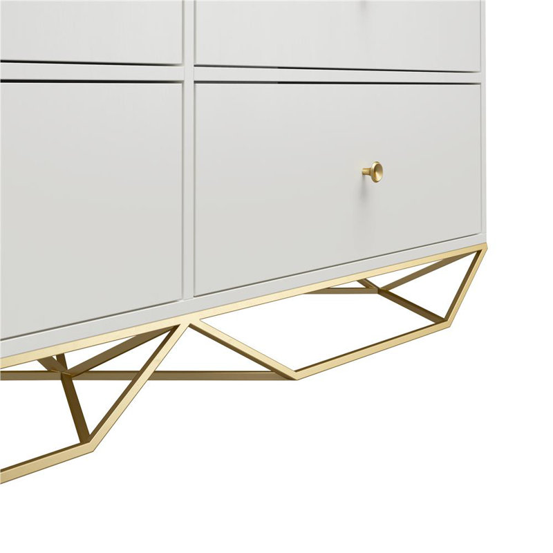 White Double 6-Drawer Dresser with Gold Accents