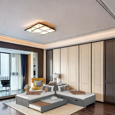 L-Shaped Twin Platform Bed With Trundle And Drawers, Built-In Desk, Corner Bed With Storage, Solid Wood Frame