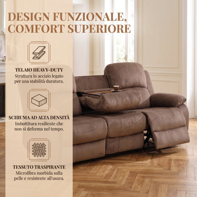 Canapé inclinable manuel 78 po 3 places brun | Canapé en velours avec table basse et porte-gobelets