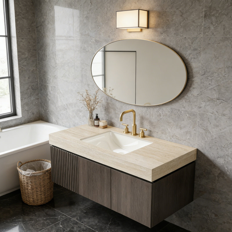 Meuble-lavabo flottant avec espace de rangement multifonctionnel et 3 trous de robinet pré-percés, Espresso