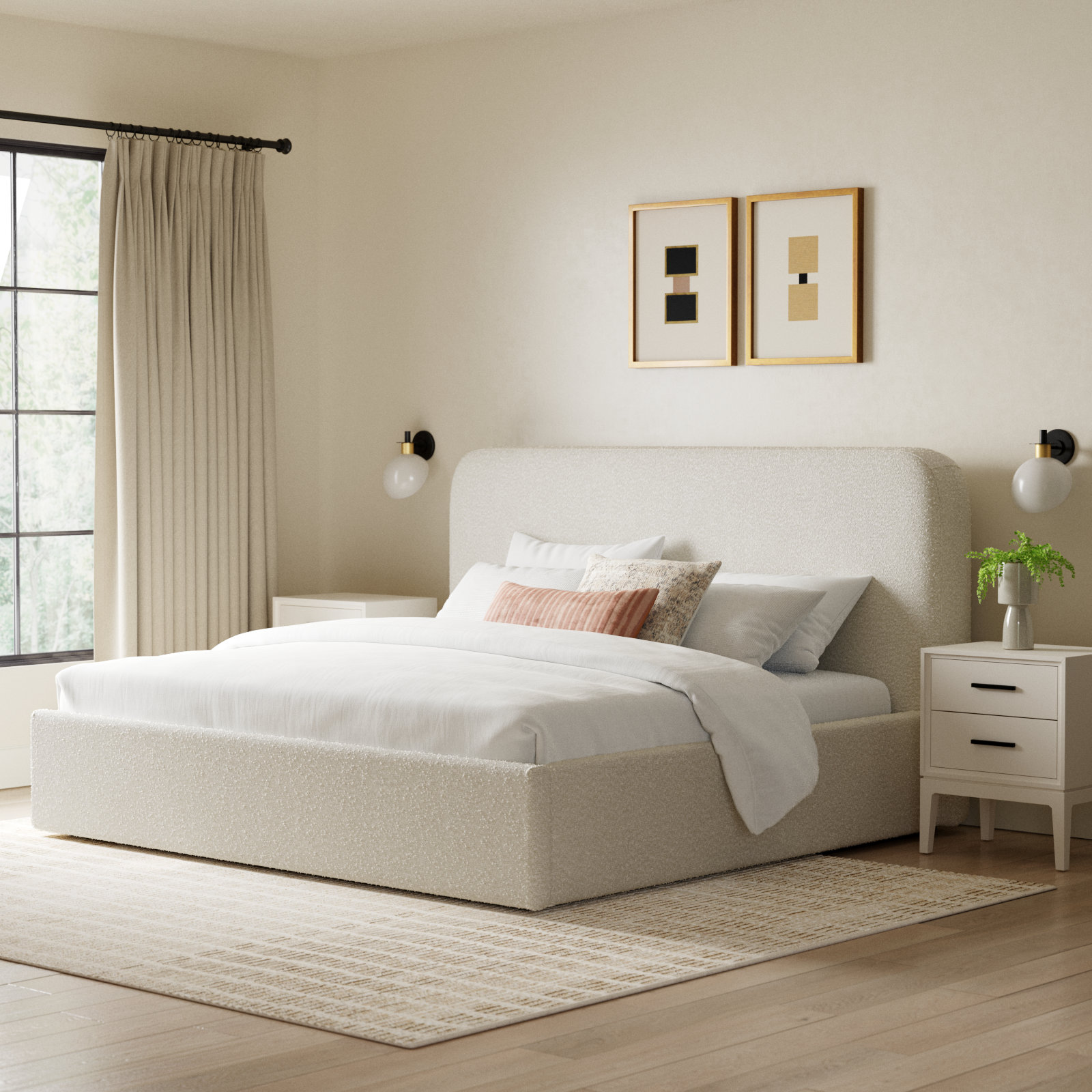 Bailee Upholstered Bed, King, White Boucle