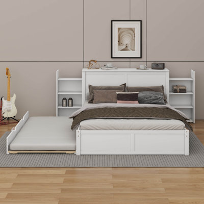 Lit de rangement avec tablettes coulissantes A et lit gigogne, lit plateforme en bois avec bibliothèque et tête de lit