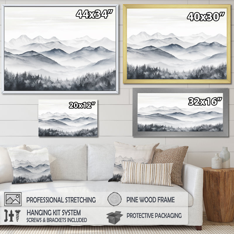 «Morning Fog Mountain Wonder», art mural montagnes, H 34 po x l 44 po x P 1,5 po, Cadre flottant noir