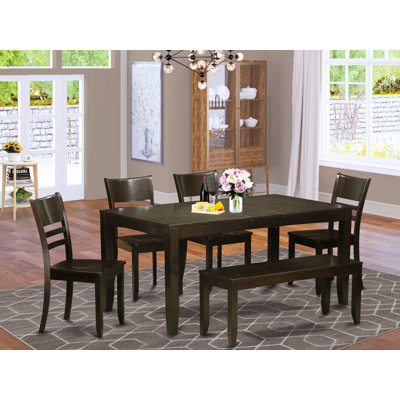 6 Piece Kitchen Table Set Contains a Rectangle Dining Table with Butterfly Leaf and 4 Dining Chairs with a Bench, 36x66 Inch, Cappuccino