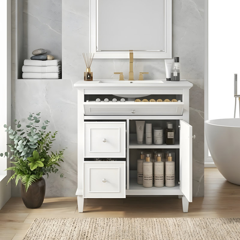 Meuble-lavabo de salle de bain avec lavabo et rangement polyvalent, Blanc, 30