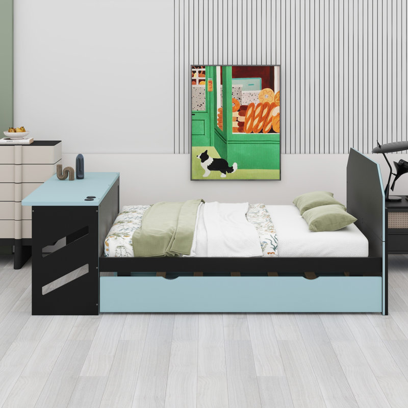 Lit de jour en bois avec couchette, bureau et port USB, Bleu nuage