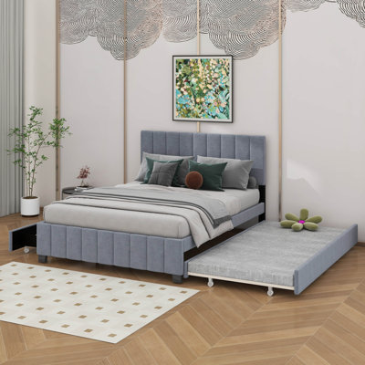 Grand lit plateforme tapissier en velours avec tiroirs et lit gigogne