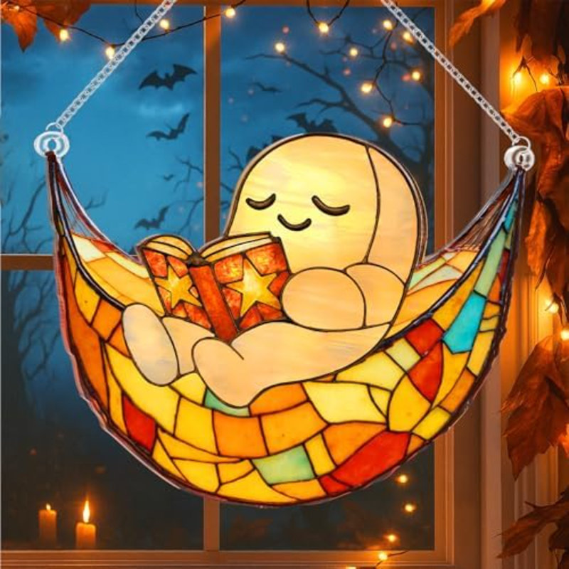 Halloween Stained Glass Ghost Ornaments Acrylic, Halloween Decor Cute Suncatcher, Cute Ghost Gift For Book Lovers, Gothic Fall Decor For Window, Spooky Home Decorations For Garden (Boo Cute)