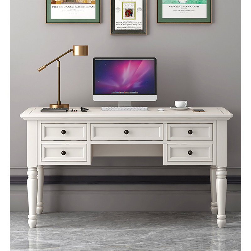 Solid Wood Retro Desk with Five Drawers