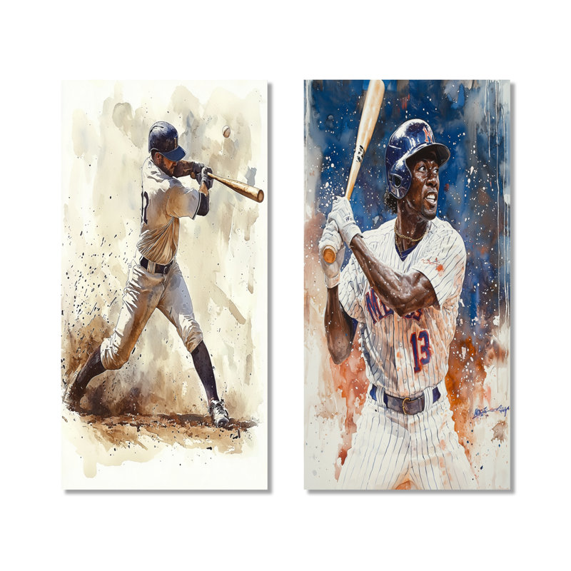 Joueur de baseball blanc bleu sur le terrain I - ensemble de 2 art mural en métal, H 40 po x l 40 po