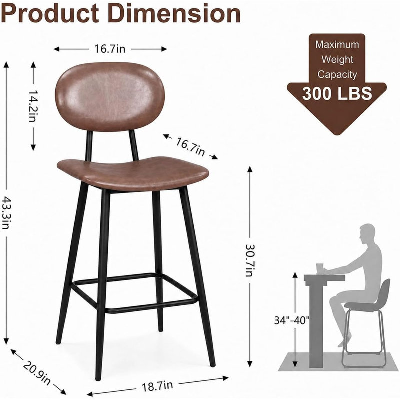 Ensemble de 2 tabourets de bar à hauteur de comptoir, siège rembourré en cuir avec dossier haut, pieds robustes en métal, finition brun foncé