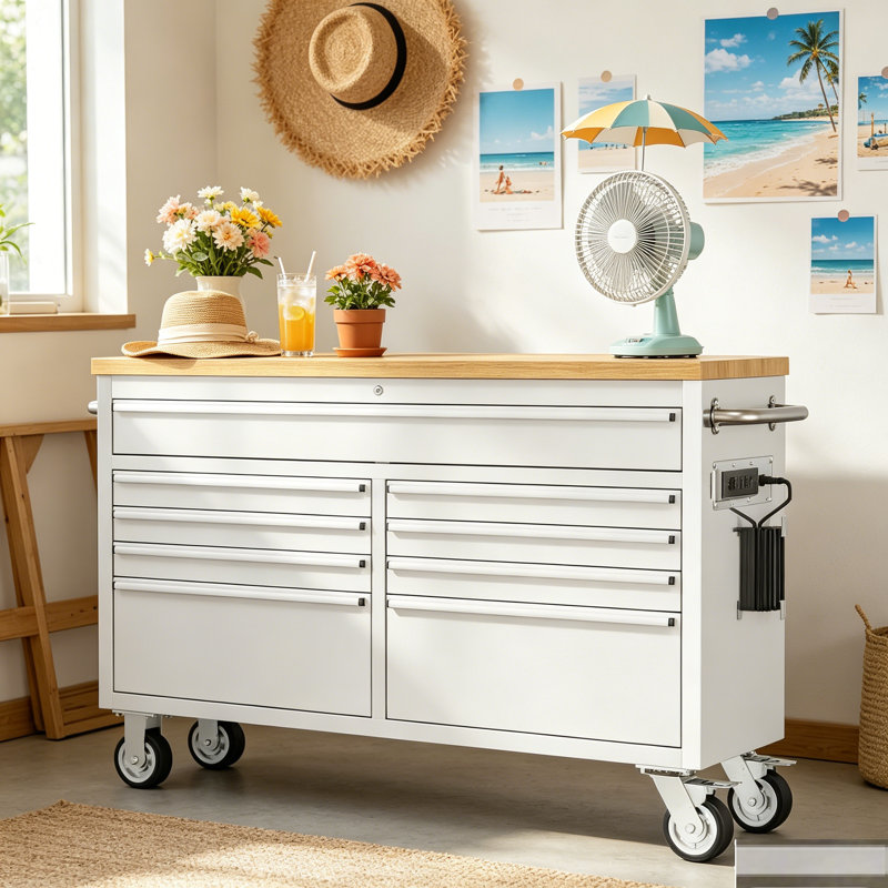 Établi avec coffre à outils à roulettes de 61 pouces avec plateau en bois massif, armoire de rangement verrouillable à 9 tiroirs sur roulettes, chariot à outils robuste pour garage, atelier et atelier de réparation.