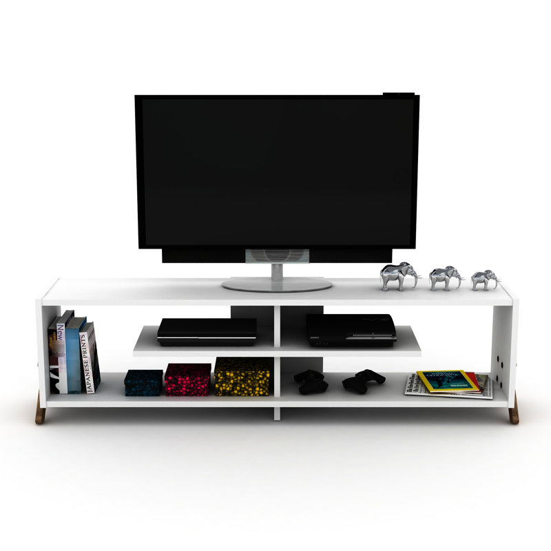 Mid Century Modern Walnut Tv Stand, Open Storage 4 Shelves, 57 Inch Low Unit With Entertainment Centre Legs Centre, Stand Shelves And Wood