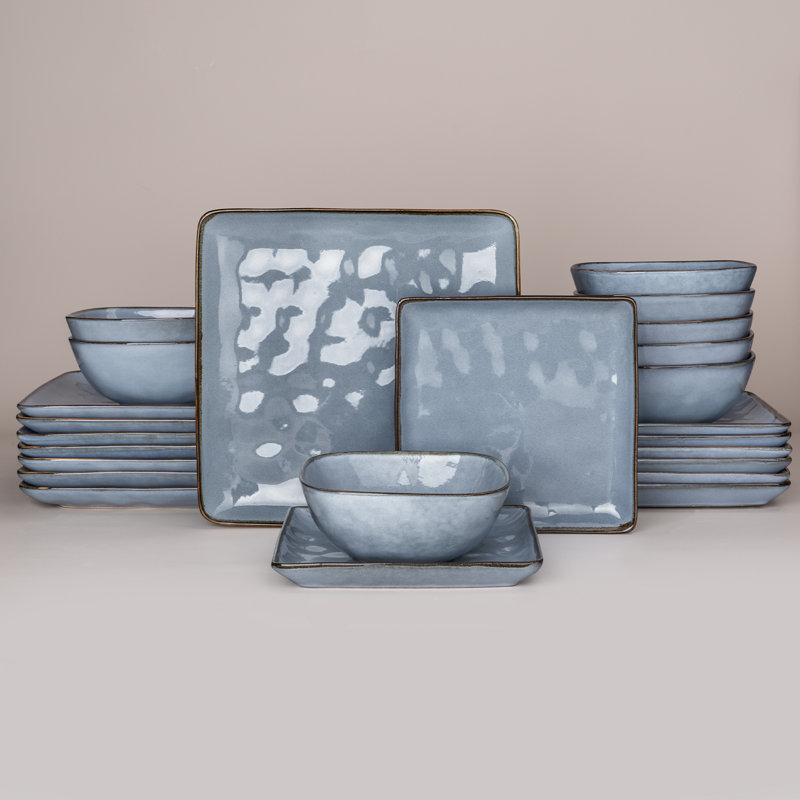 Stoneware Dinnerware Sets, 24-Piece Dish Set, Blue