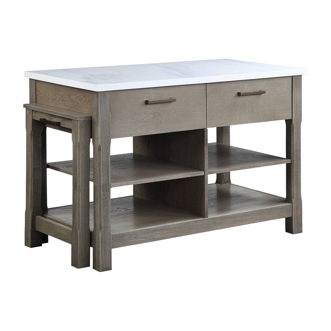 Kitchen Island w/Pull Out Table, Nature Marble Top Top & Rustic Oak Finish Hokku Designs