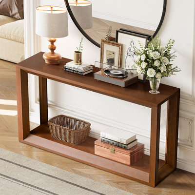 Console Table 60" Solid Wood Veneer Entryway Sofa Table, Sturdy Square Legs with Distressed Finish, Wide Behind Couch Table for Living Room & Hallway