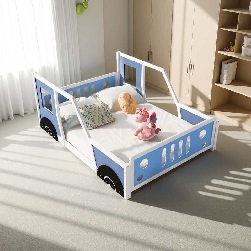 Classic Car-Shaped Platform Bed With Wheels, Blue, Full