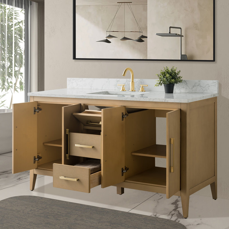 60'' Single Bathroom Vanity with Engineered Marble Top, Natural Oak, Golden Brushed