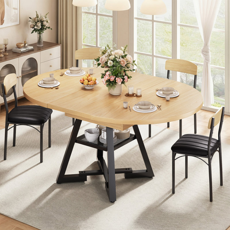 43"-57" Extendable Dining Table for 4-8, Modern Industrial Round to Oval Kitchen Table with Hidden Storage Shelf, Space-Saving Pedestal Base for Small Apartment & Living Room