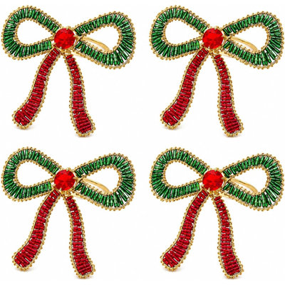 Rond de serviette rouge et vert perlé, ensemble de 4 - Porte-serviettes décoratifs faits à la main