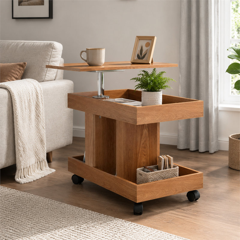 Table d'appoint roulante moderne à finition naturelle avec plateau tournant à 360 degrés et compartiment de rangement intégré avec roulettes verrouillables et faciles à assembler pour le salon, le canapé, la chambre à coucher et le chevet