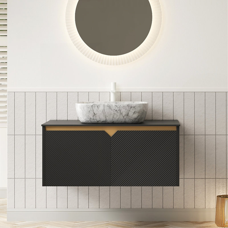 36" Bathroom Vanity&Sink, Wall-Mounted Floating Plywood Storage Cabinet, Twill Double Doors With Metal Trim, Marble Pattern Rectangle Ceramic Vessel Basin&Black Sintered Stone Top, Black