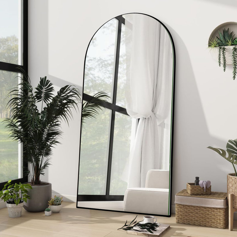 Oversized Wood Arched Full Length Mirror, Standing or Leaning Full Body Mirror, Black, 71" x 28"