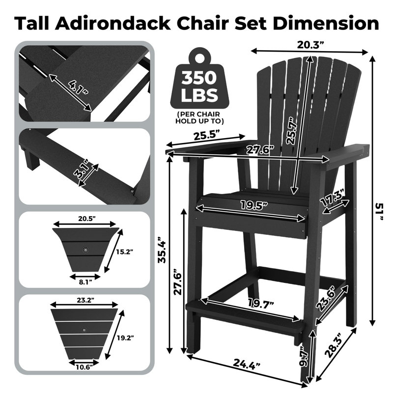 Set of 2 Adirondack Bar Height Chairs HDPE Outdoor Patio Chairs with Footrest and Removable Tray for Deck Garden Fire Pit