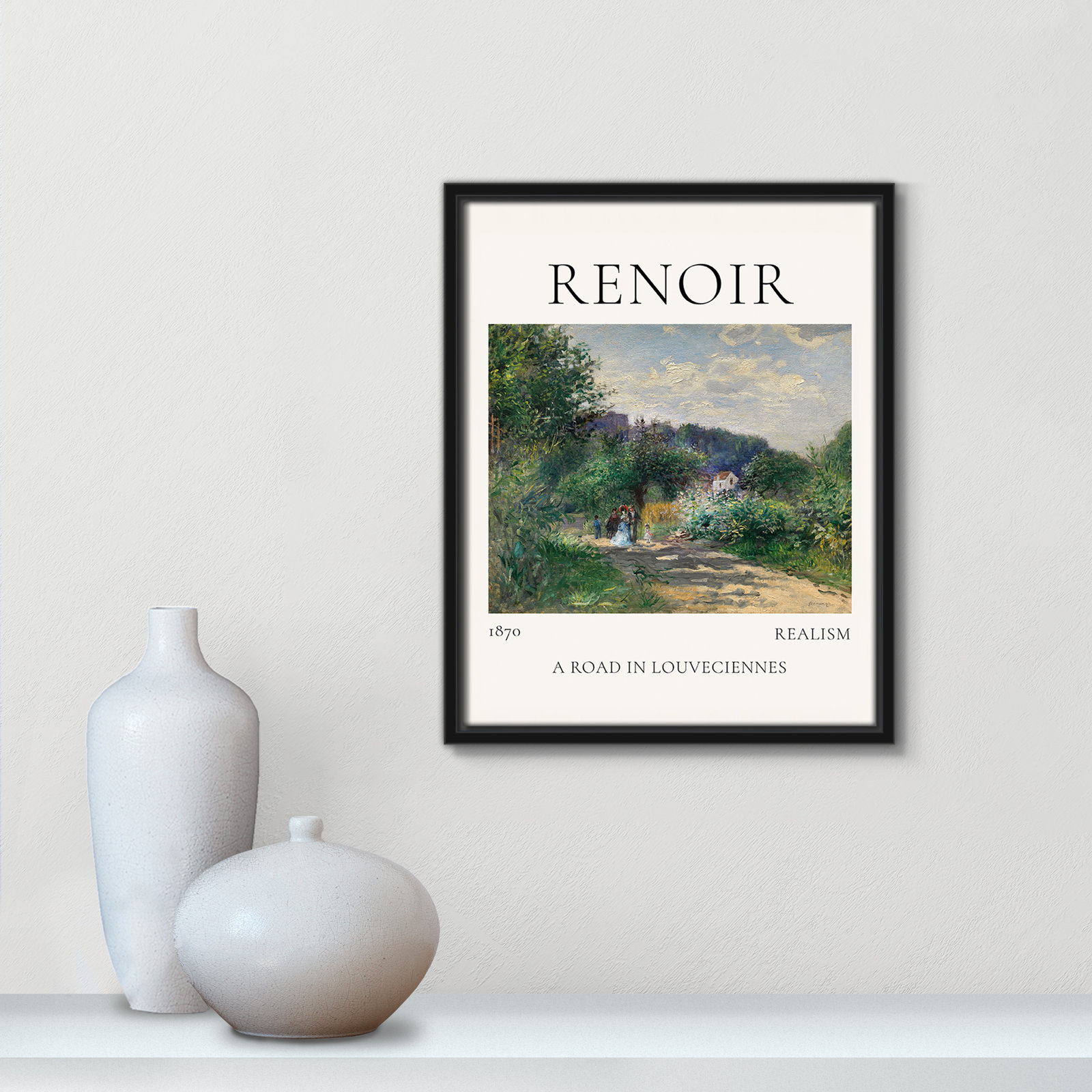 Old Masters Collection " A Road In Louveciennes " by Auguste Renoir, No, 15.5" H x 12.5" W x 2" D, Black Floater Frame