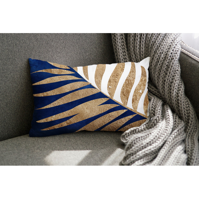 Coussin lombaire intérieur / extérieur Pom Fern, Bleu marine / or / blanc